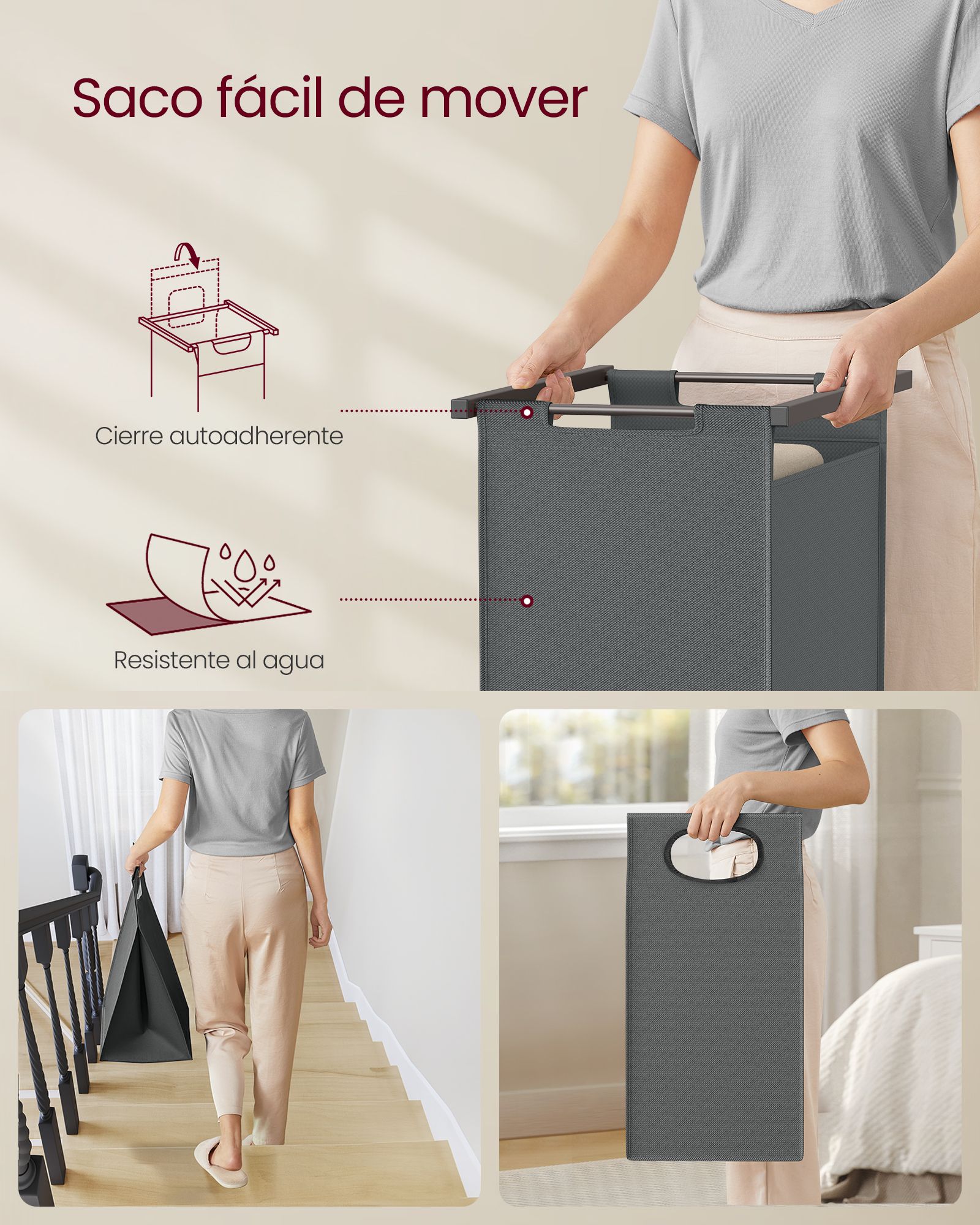 Mueble Cesto Ropa Sucia, 2 x 46 L, Mueble Ropa Sucia, Cesto Doble para Ropa Sucia, Cesto Colada, Greige y Gris, VASAGLE, 4