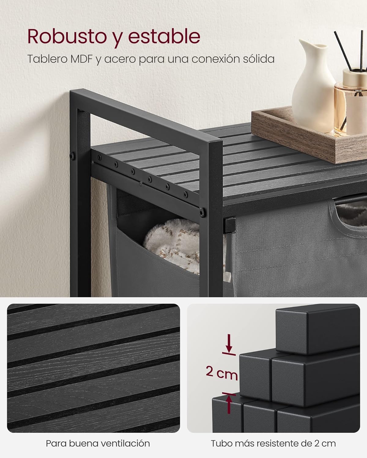 Mueble Cesto Ropa Sucia, 65 L, Mueble Ropa Sucia, Bolsa Colada de Tela Oxford Extraíble y Desmontable, Negro y Gris, VASAGLE, 7