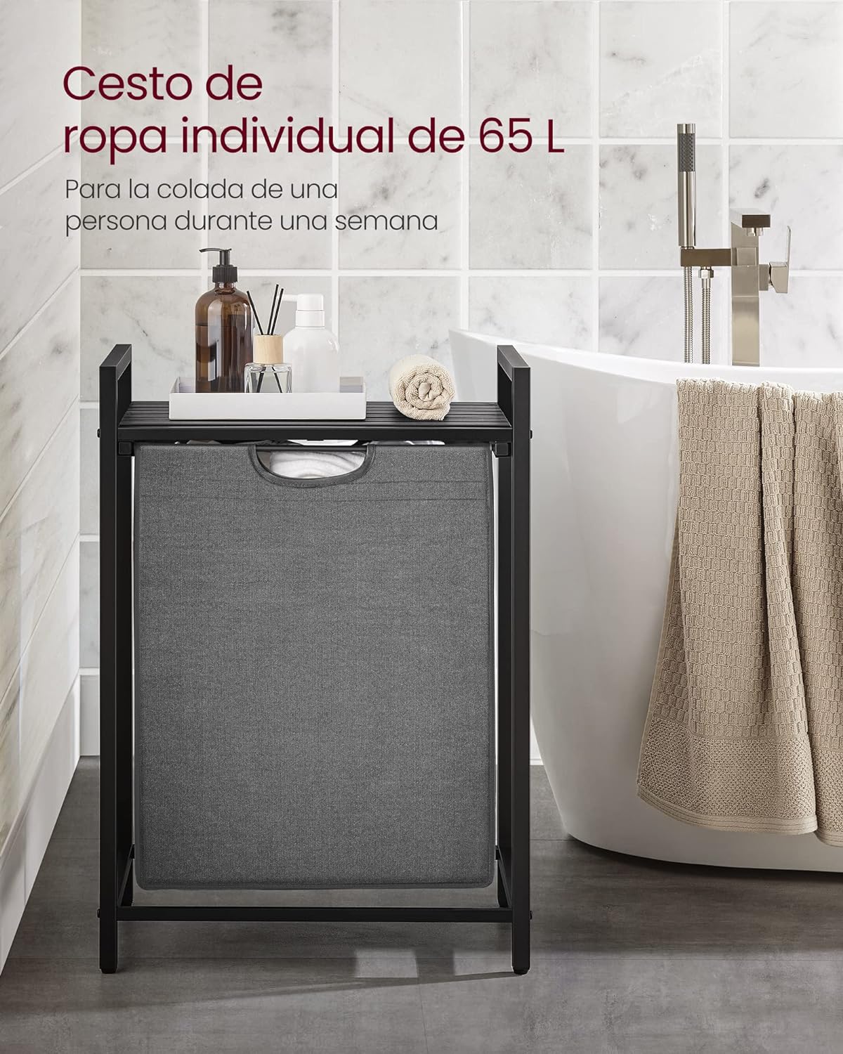 Mueble Cesto Ropa Sucia, 65 L, Mueble Ropa Sucia, Bolsa Colada de Tela Oxford Extraíble y Desmontable, Negro y Gris, VASAGLE, 3